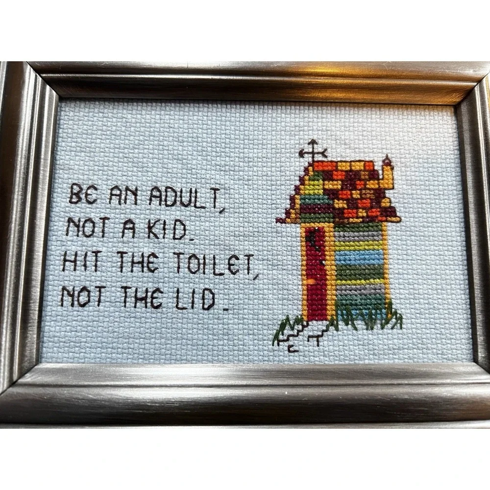 Vintage Framed Bathroom Cross Stitch Humorous Outhouse Wall Decor Sign